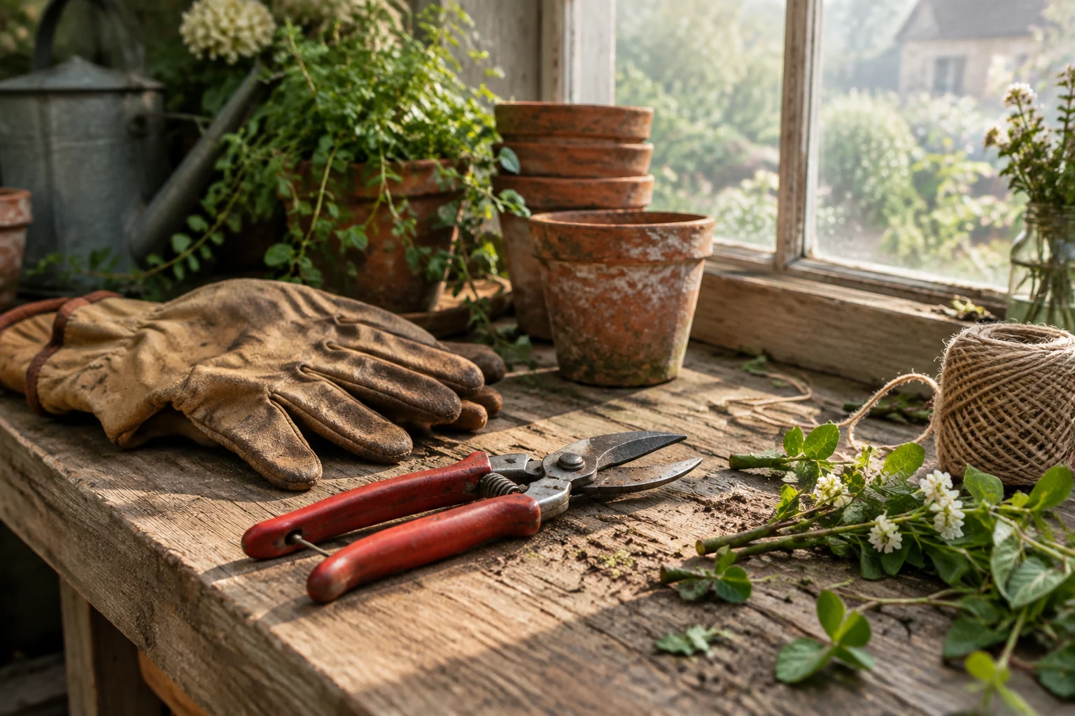Red-handled secateurs and leather gloves on a wooden potting bench