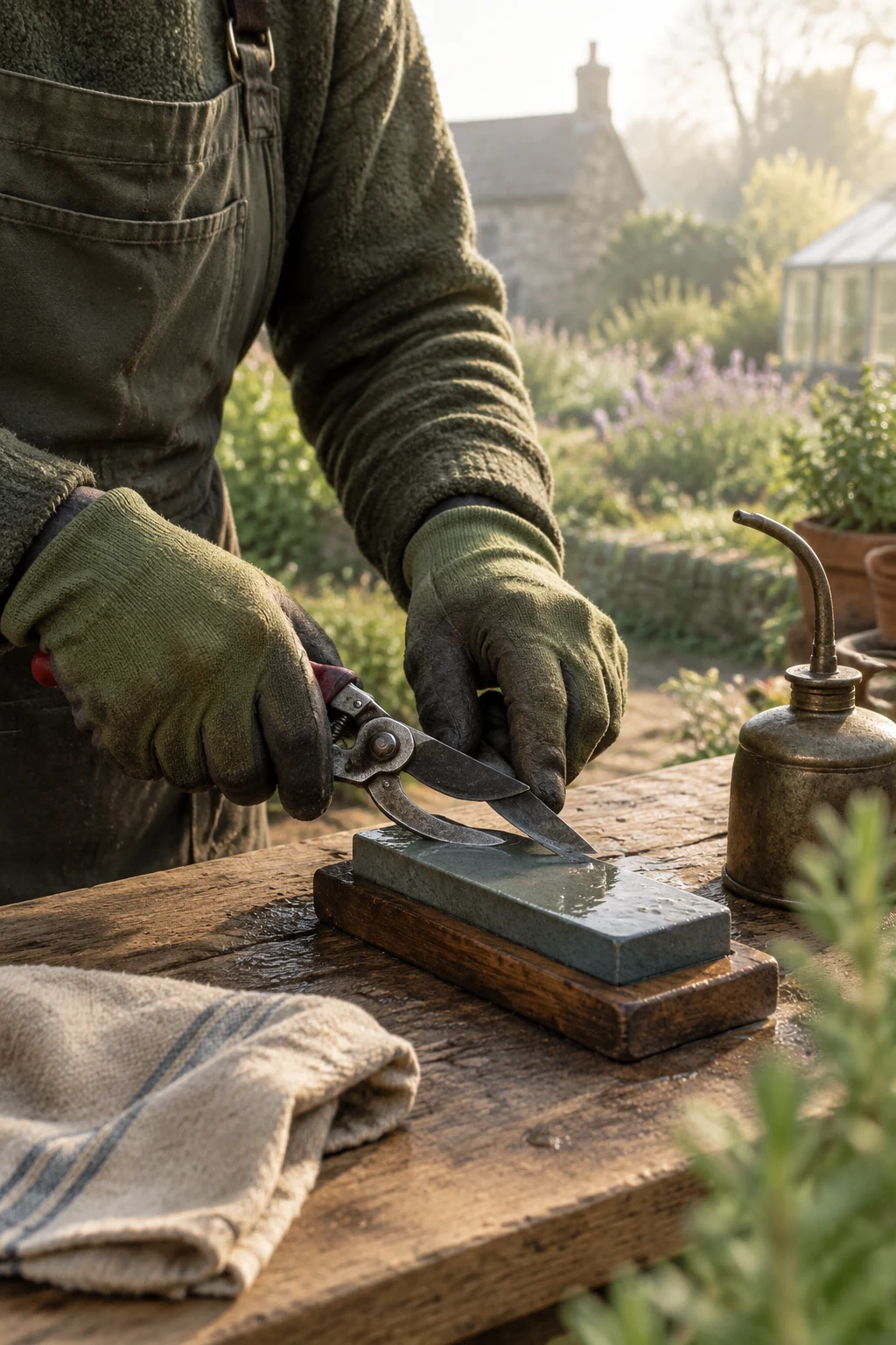 Gloved hands sharpening secateurs on a whetstone