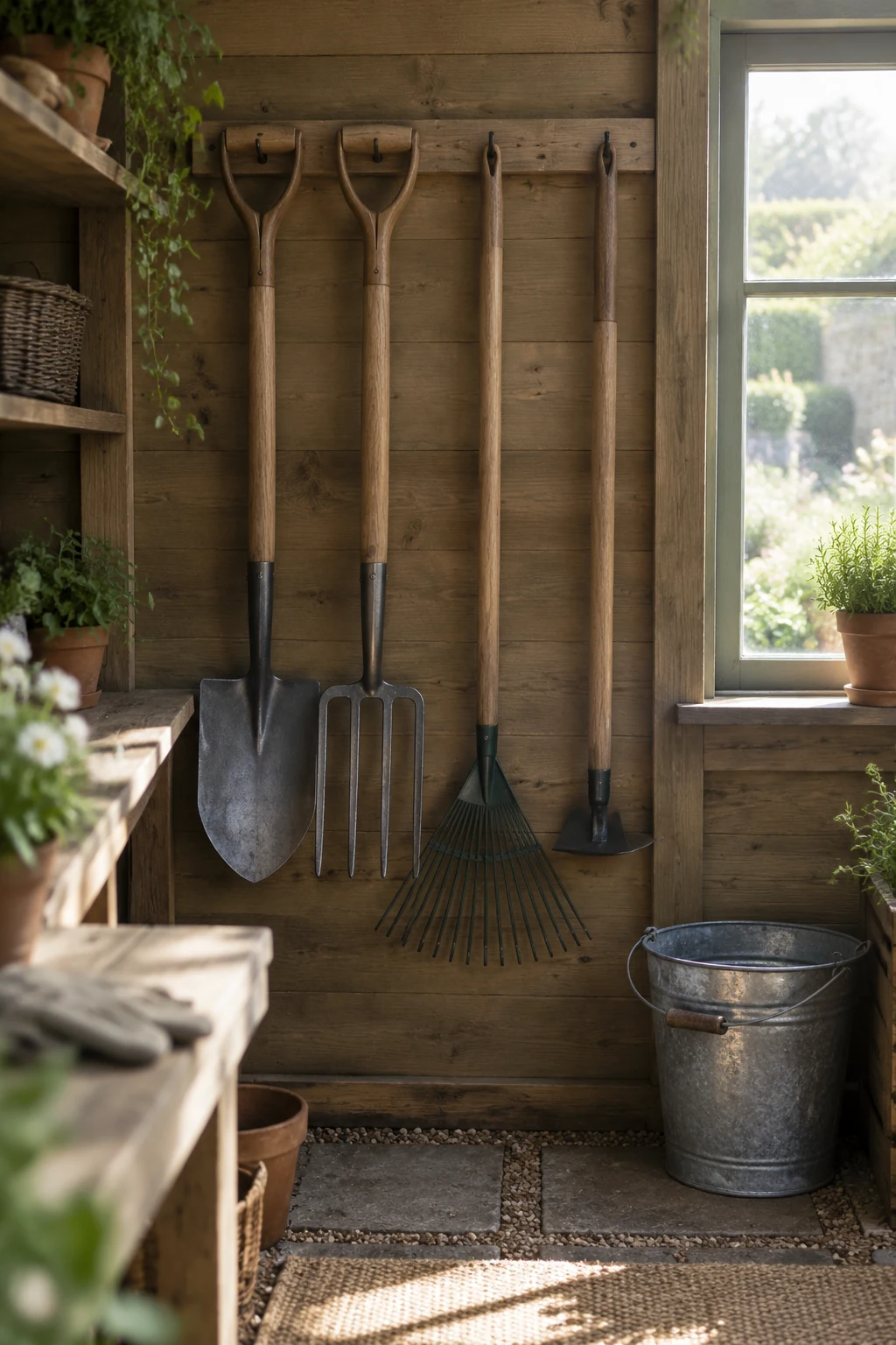 Garden tools hung neatly on a wall rack inside a shed