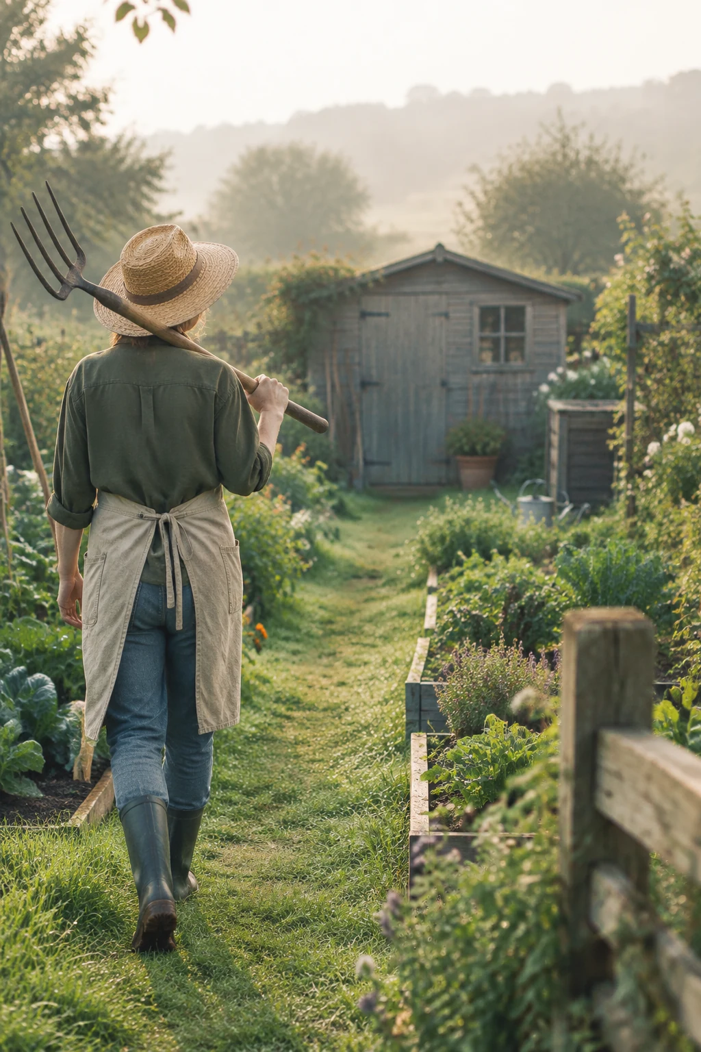 Gardener in a straw hat carrying a fork along an allotment path