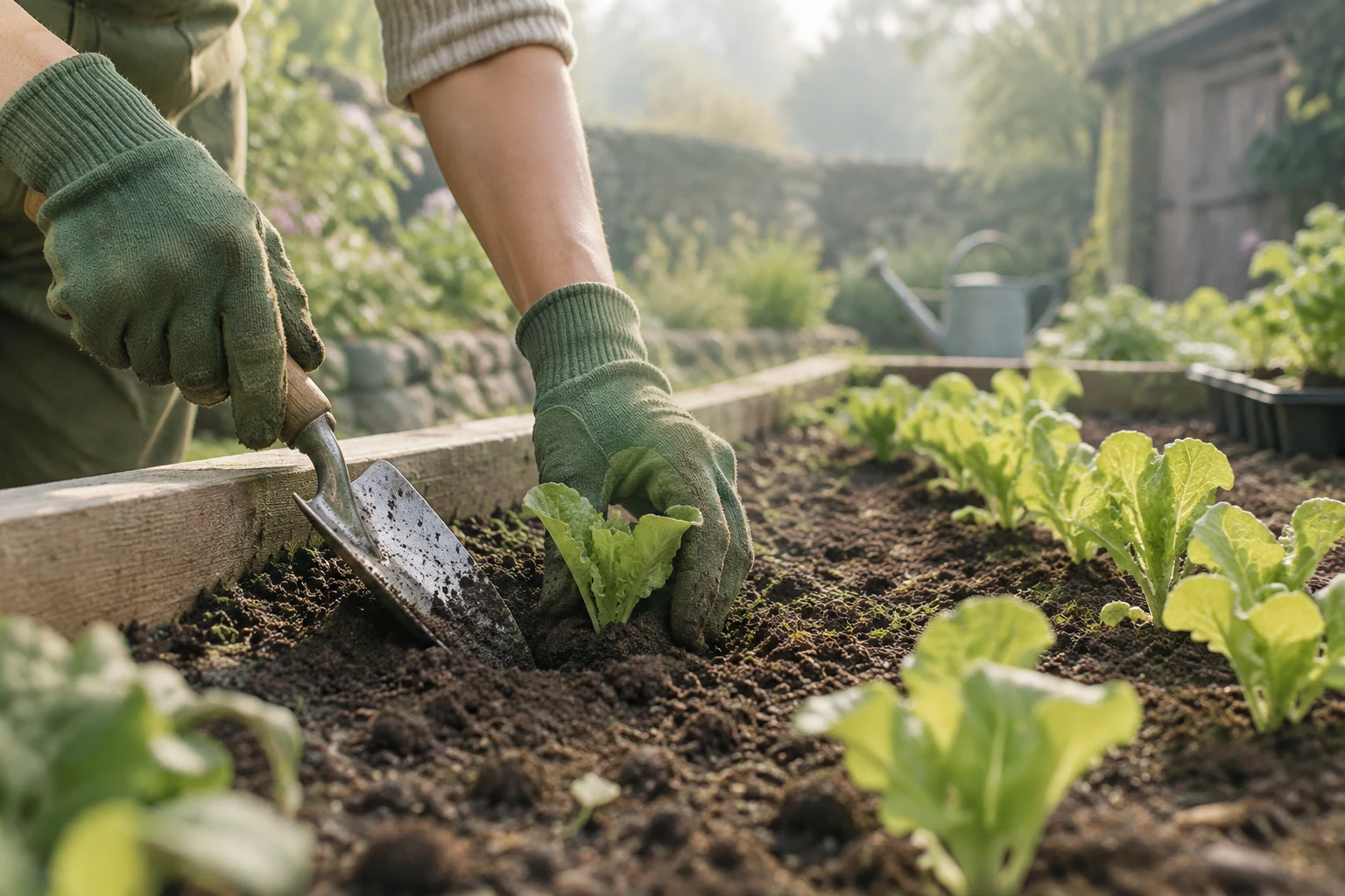 Gloved hands planting lettuce seedlings with a trowel