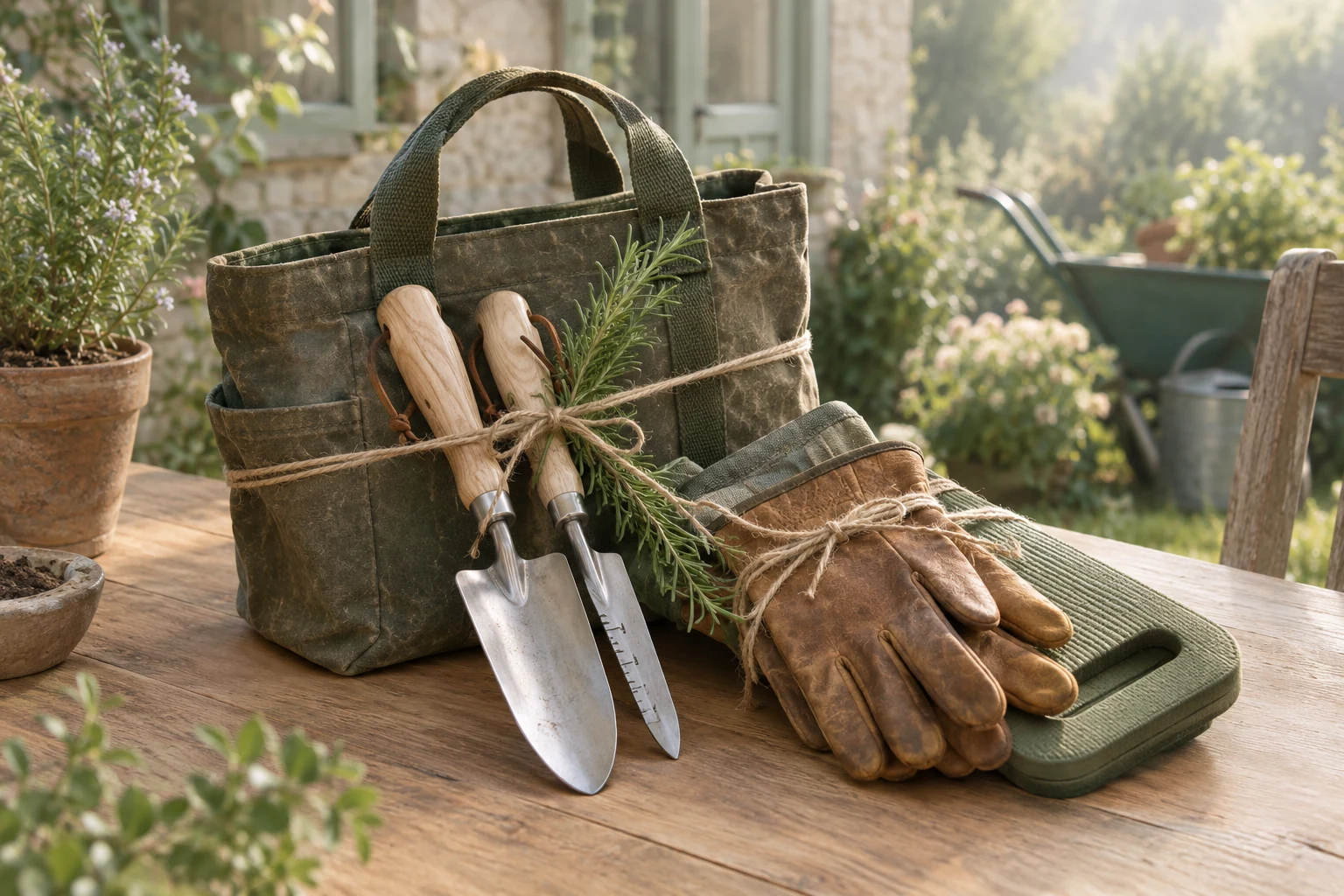 Canvas tool bag with trowel, transplanter, gloves and kneeler