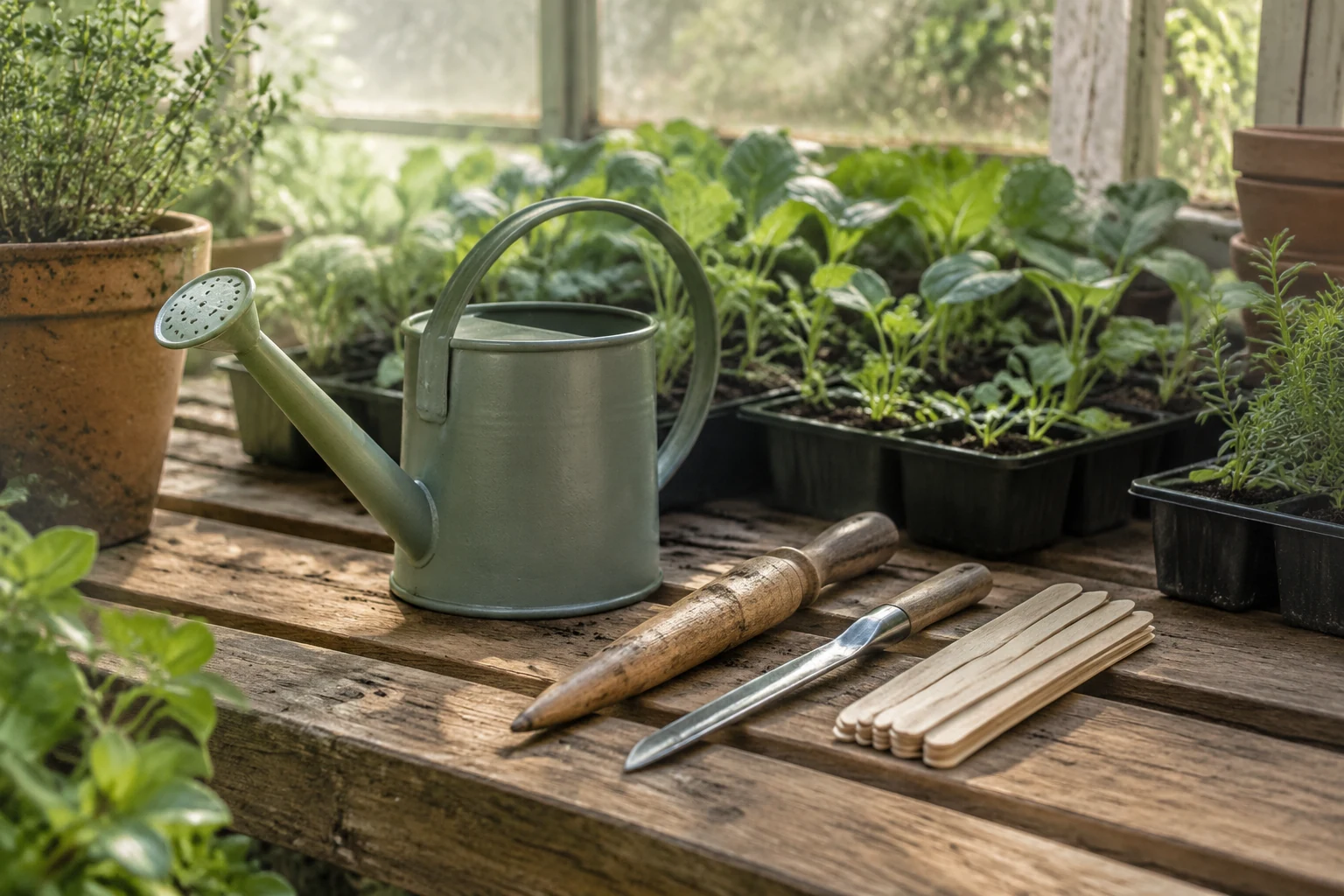 Small watering can, dibber, widger and wooden plant markers on greenhouse staging