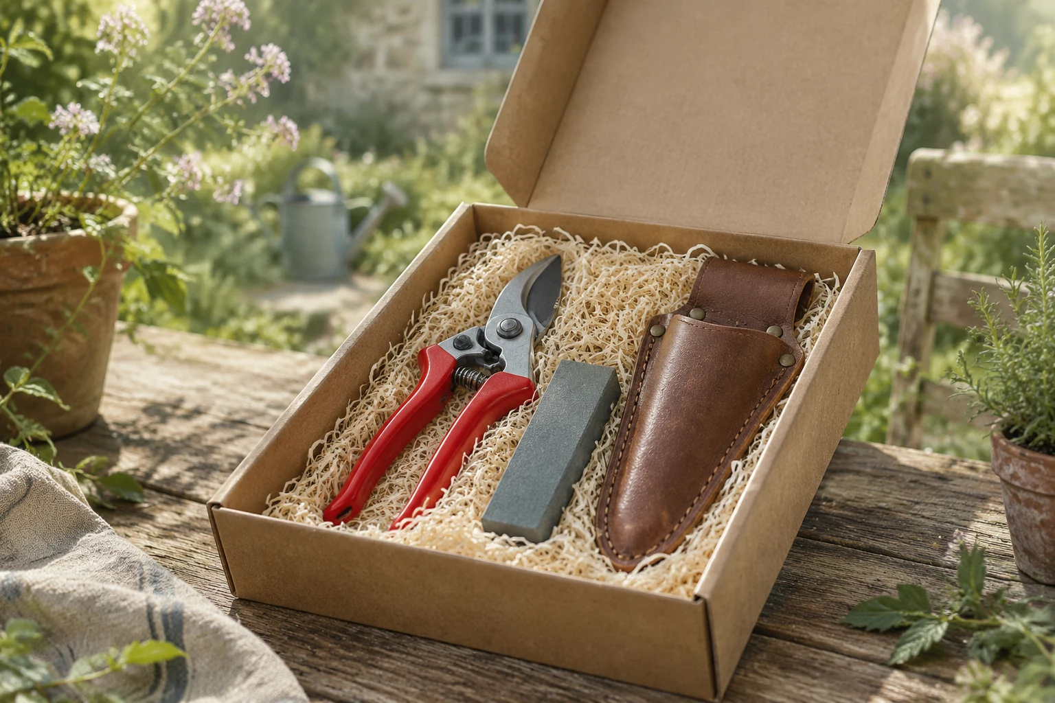 Gift box with secateurs, sharpening stone and leather holster