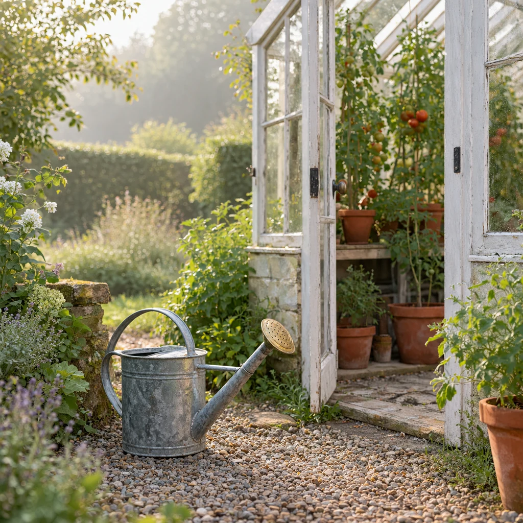 Galvanised watering can on a gravel path beside a greenhouse door