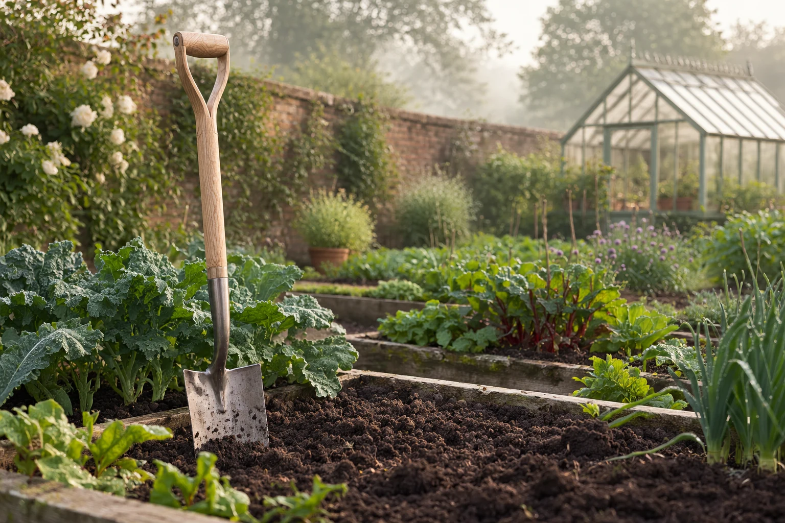 Stainless steel spade standing in freshly dug soil between raised vegetable beds