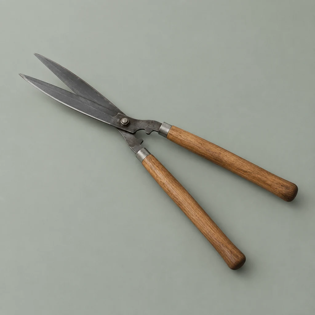 Hedge shears with long steel blades and wooden handles