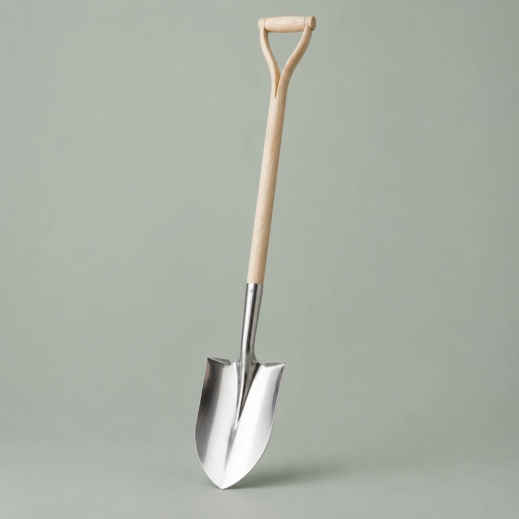 Stainless steel digging spade with ash shaft and wooden handle