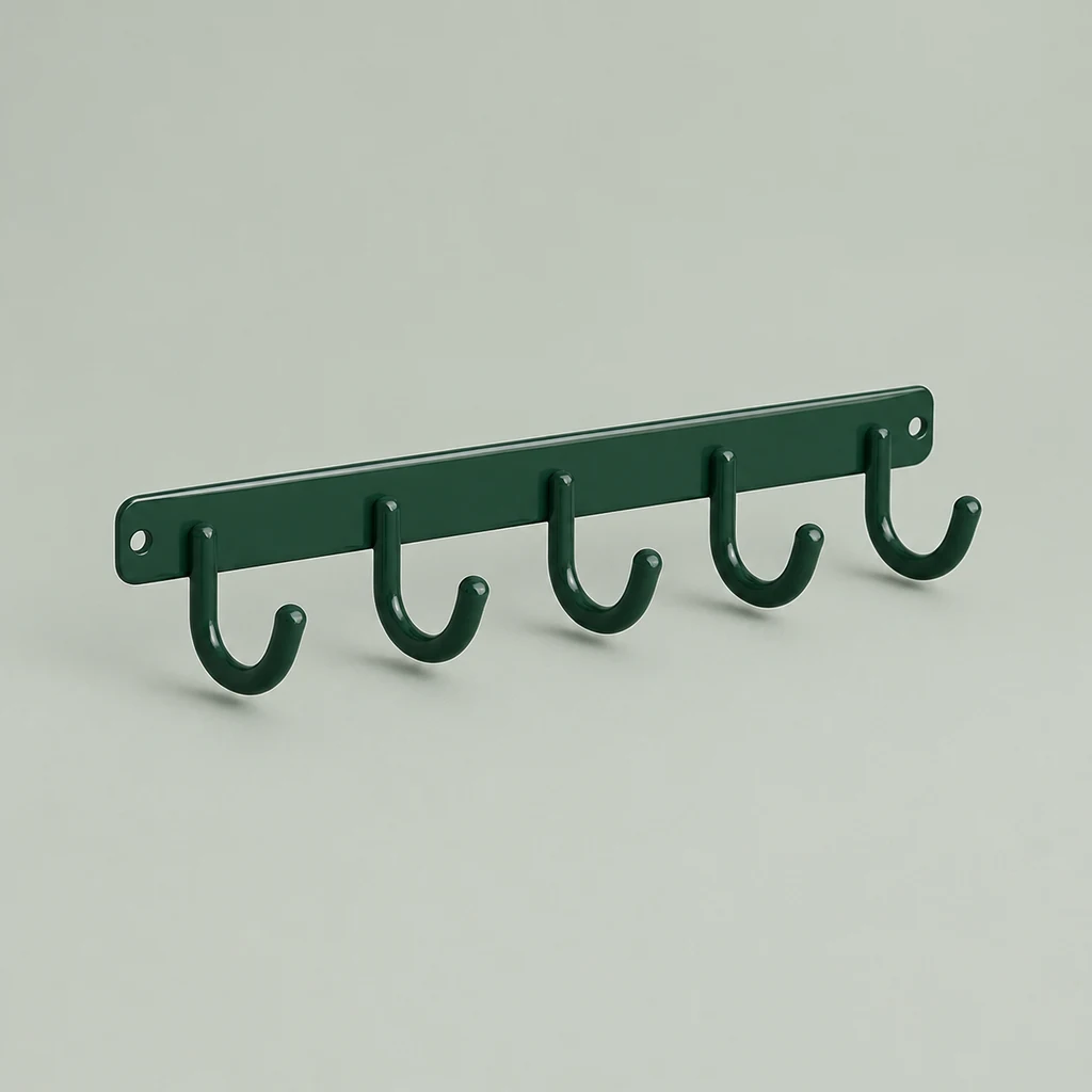 Green steel wall-mounted tool rack with six hooks