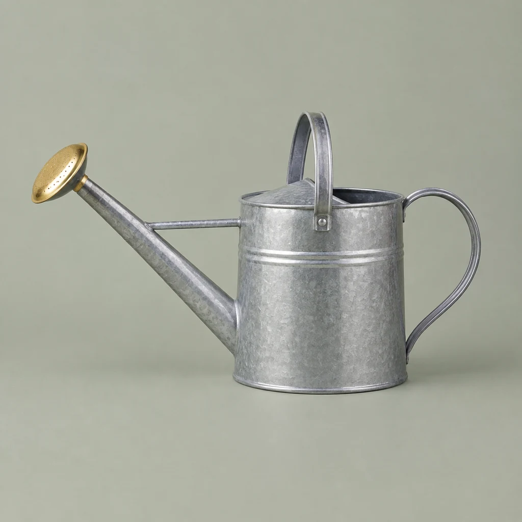 Galvanised steel watering can with a brass rose