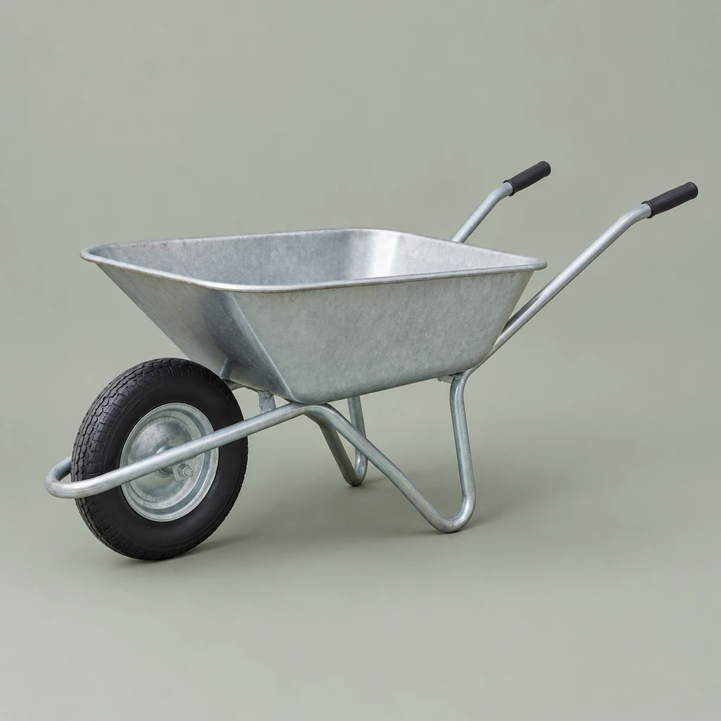 Galvanised steel wheelbarrow with a black wheel